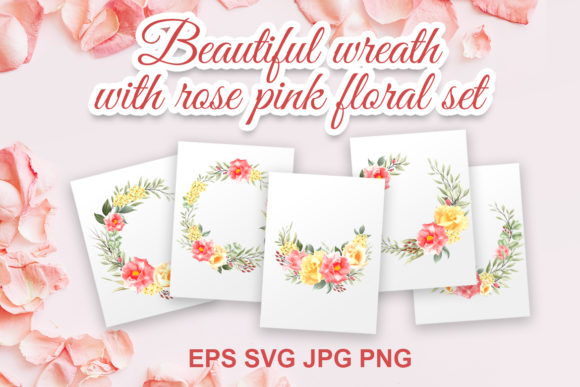Beautiful Wreath with Rose Pink Floral Graphics for Crafts